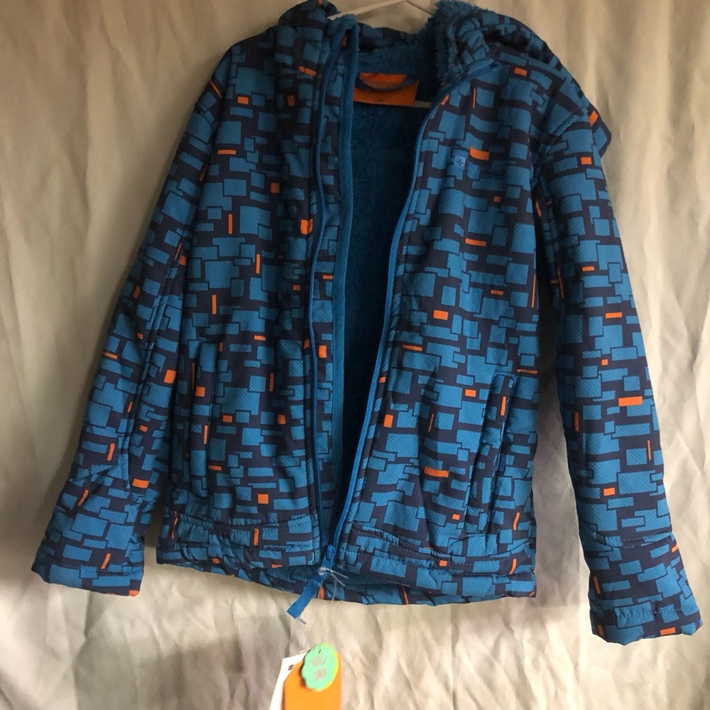 Blue and Orange Puffer Jacket with Geometric Design